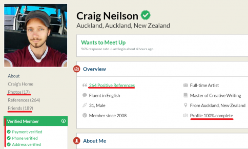 Mano pirmojo svečio Craig iš Naujosios Zelandijos profilis. Tai, į ką reikia atkreipti dėmesį, pažymėta raudonai.